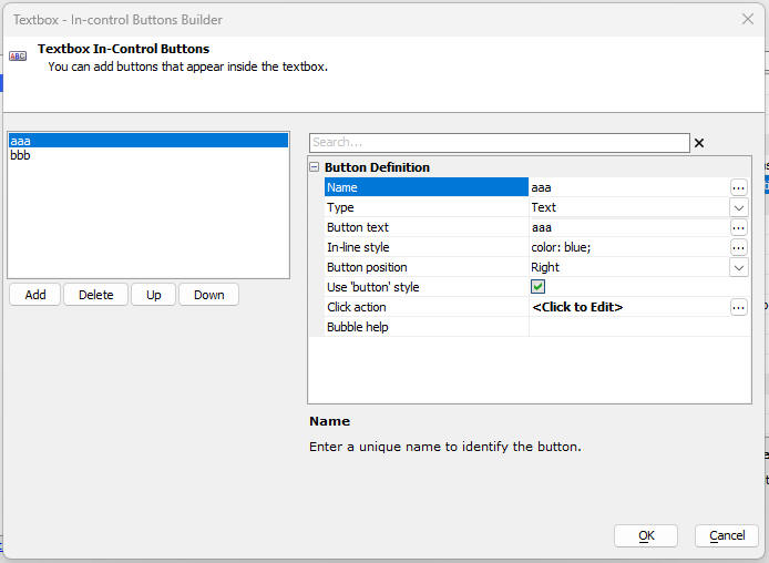 The dialog for defining in-control buttons.